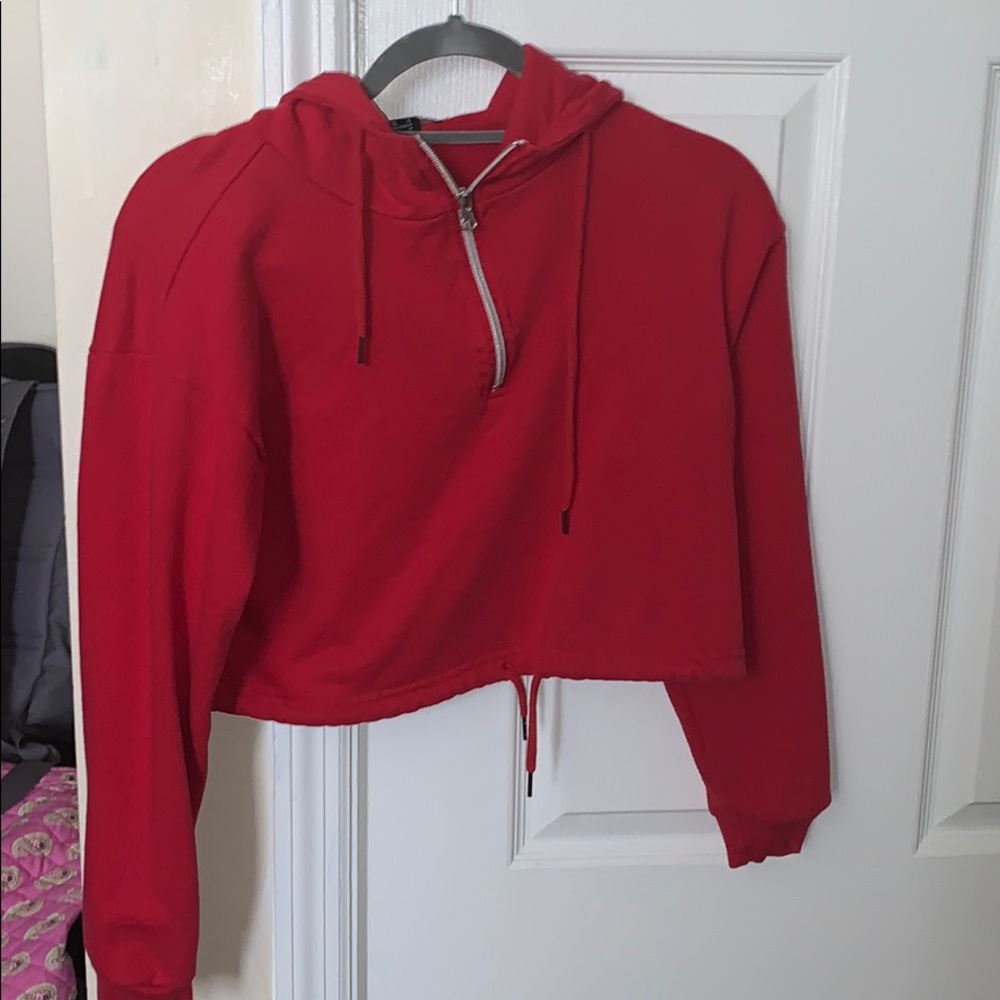 red quarter zip crop top hoodie